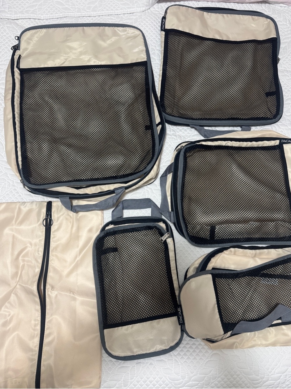 Beige Packing Cube Set with Black Mesh Panels - Travel Organizer